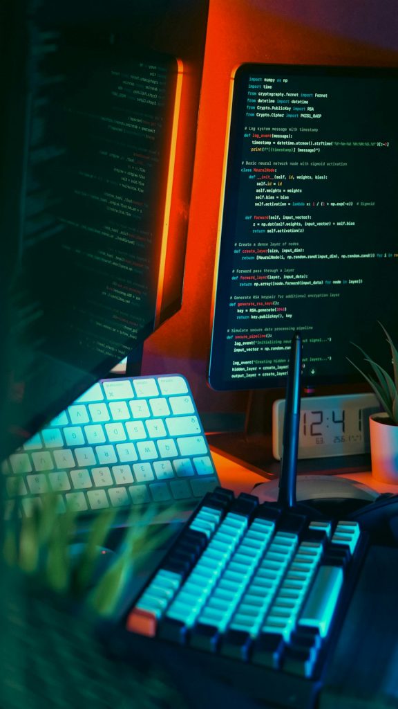 Advanced coder desk multi monitor setup with colorful illuminated keyboard and visible source code on multiple screens. Futuristic software development workspace in moody tech lighting